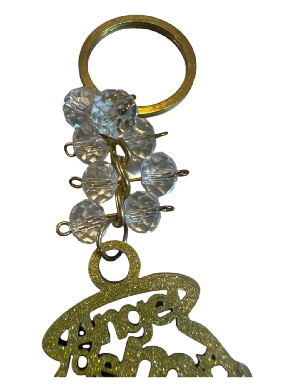 Gold Glitter Angel Keychain With Clear Beads & Intricate Prayer Design